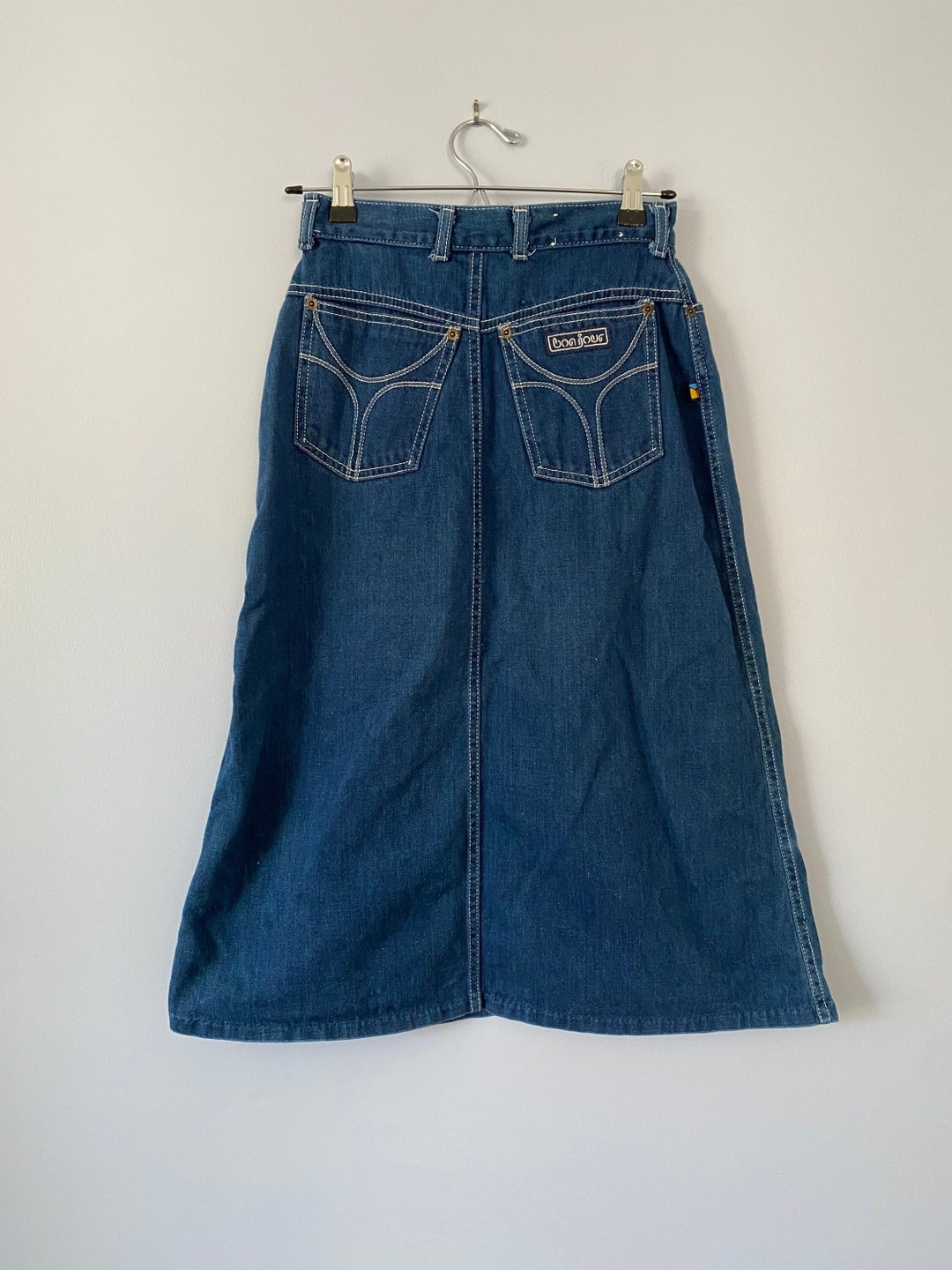 Vintage Bonjour Denim Skirt, Midi Length Denim Skirt, 1970s