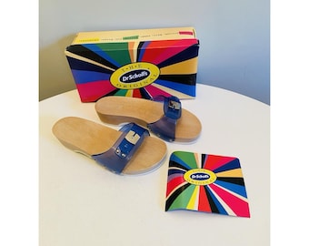 Dr Scholls Women Size 7 Wood Exercise Clog Sandal Blue Vinyl Slide Shoe New