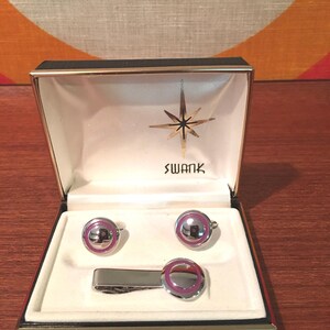 Vintage Swank Cuff Links and Tie Clip Set, Silver Tone with Purple Enamel Accents, Original Box, Mid Century Cuff Links, Groomsmen Gift