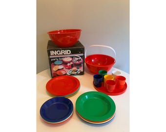 Juego de picnic Ingrid Party Ball para 6 personas, multicolor, plástico vintage, original con caja.