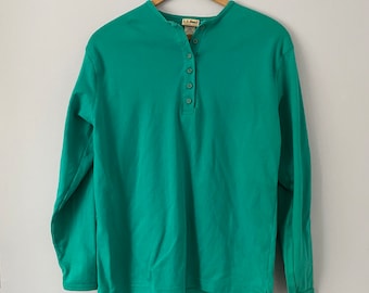 Vintage LL Bean Women's Long Sleeve Henley Shirt, Women's XL, Green Colored Long Sleeve Henley with Buttons, 90s Made in USA