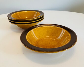Vintage Decostone Andre Ponche Gold Glade Cereal Bowls, Set of 4, 1970s Brown and Gold Bowls, Made in USA, Boho Kitchen