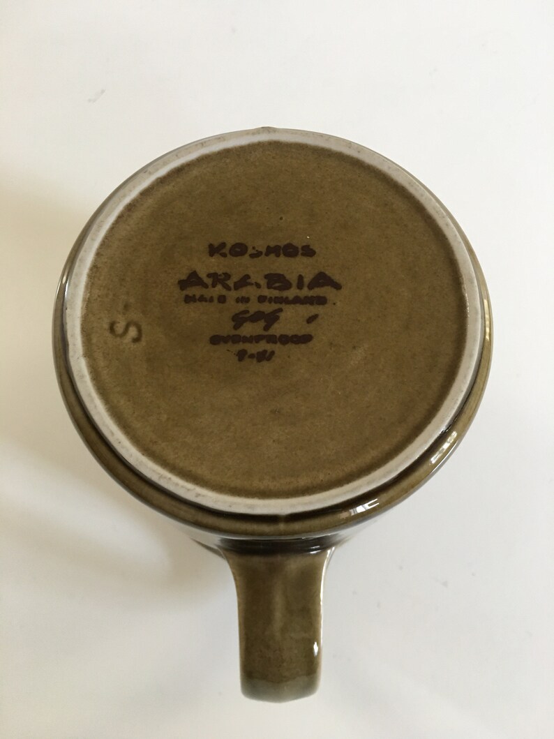 Puede incluir: Una taza de cer&aacute;mica marr&oacute;n con asa. La parte inferior de la taza tiene el texto "Kosmos Arabia Made in Finland, Soy, Encapsulated 1-911" en letras marrones.