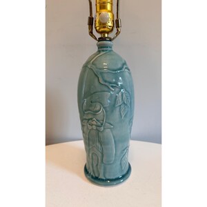 May include: A teal ceramic lamp with a detailed embossed design. The lamp features a figure in a suit and hat, along with leaves and branches. The lamp has a brass-colored socket and a white on/off switch.