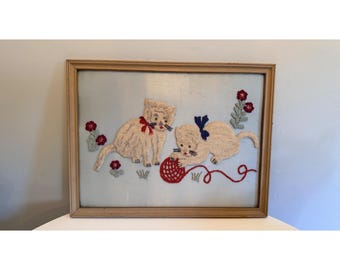 Vintage Framed Needlepoint Art Cats With Yarn Handcrafted Embroidery Wall Decor