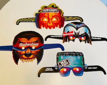 Vintage Halloween Masks, Set of 4, 1990s Budweiser and Bud Light Halloween Masks, Dracula, Frankenstein, Werewolf, Pumpkin, Beer Advertising