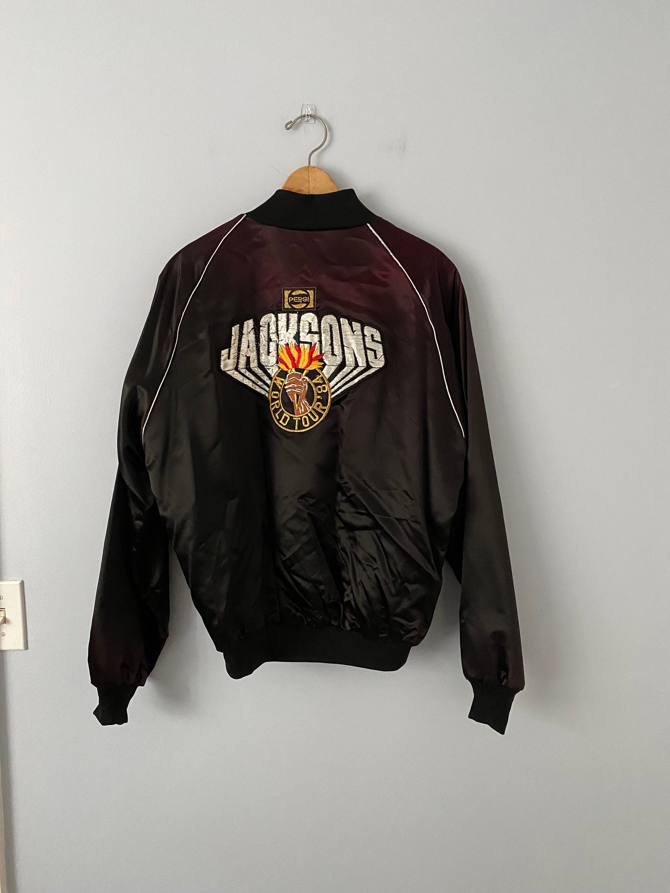 Vintage New Old Stock 1984 Jacksons World Tour Satin Bomber Jacket, Pepsi, Size Large, New With Tags, Made in USA, Upstream Brand Jacket - Etsy Vintage New Old Stock 1984 Jacksons World Tour Satin Bomber Jacket, Pepsi, Size Large, New With Tags, Made in USA, Upstream Brand Jacket - Etsy