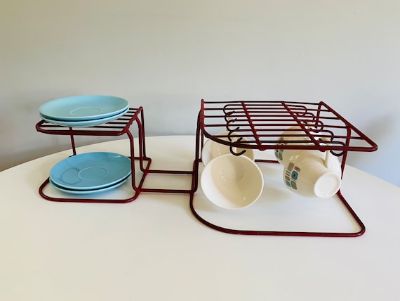 Vintage Red Dish Rack, Retro Red Storage Shelf, Dish Rack, Wire