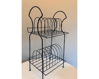 Vintage Mid Century 2 Tier Black Wire Record Stand, Vinyl LP Holder, Book Stand