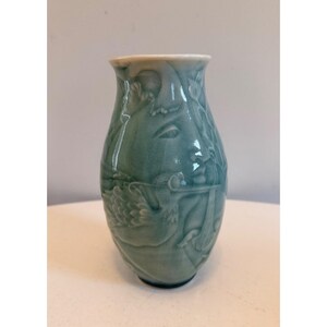 Scargo Pottery Vase Mary Holl / Harry Holl Celadon Glaze Fantasy Nature Fairy