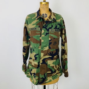 Vintage US Marines Woodland Camouflage Hot Weather Combat Coat, Camo Jacket, Nixon Patch, Size Large, Military Field Jacket