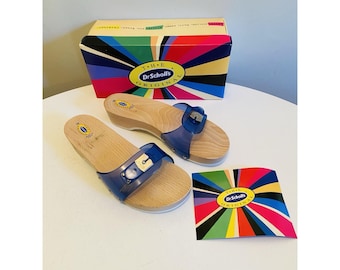 Dr Scholls Women Size 10 Wood Exercise Clog Sandal Blue Vinyl Slide Shoe New