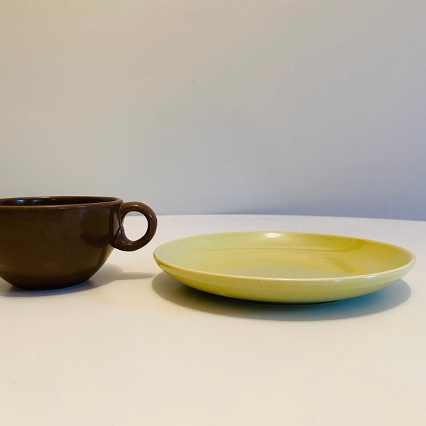 Russel Wright Iroquois Casual China, 1 Tea Cups and 1 Bread Plate, Brown and Avocado Yellow, Russel Wright Coffee Cup & Small Plate