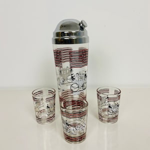Vintage Mid Century Cocktail Shaker with 3 Shot Glasses, Hazel Atlas Barware with Horse and Carriage Design, Cocktail Shaker Glass
