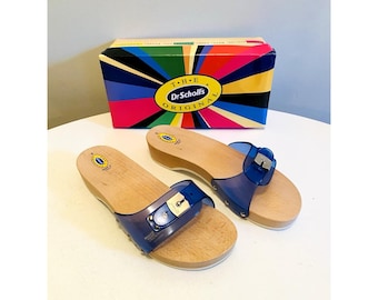 Dr Scholls Women Size 9 Wood Exercise Clog Sandal Blue Vinyl Slide Shoe New