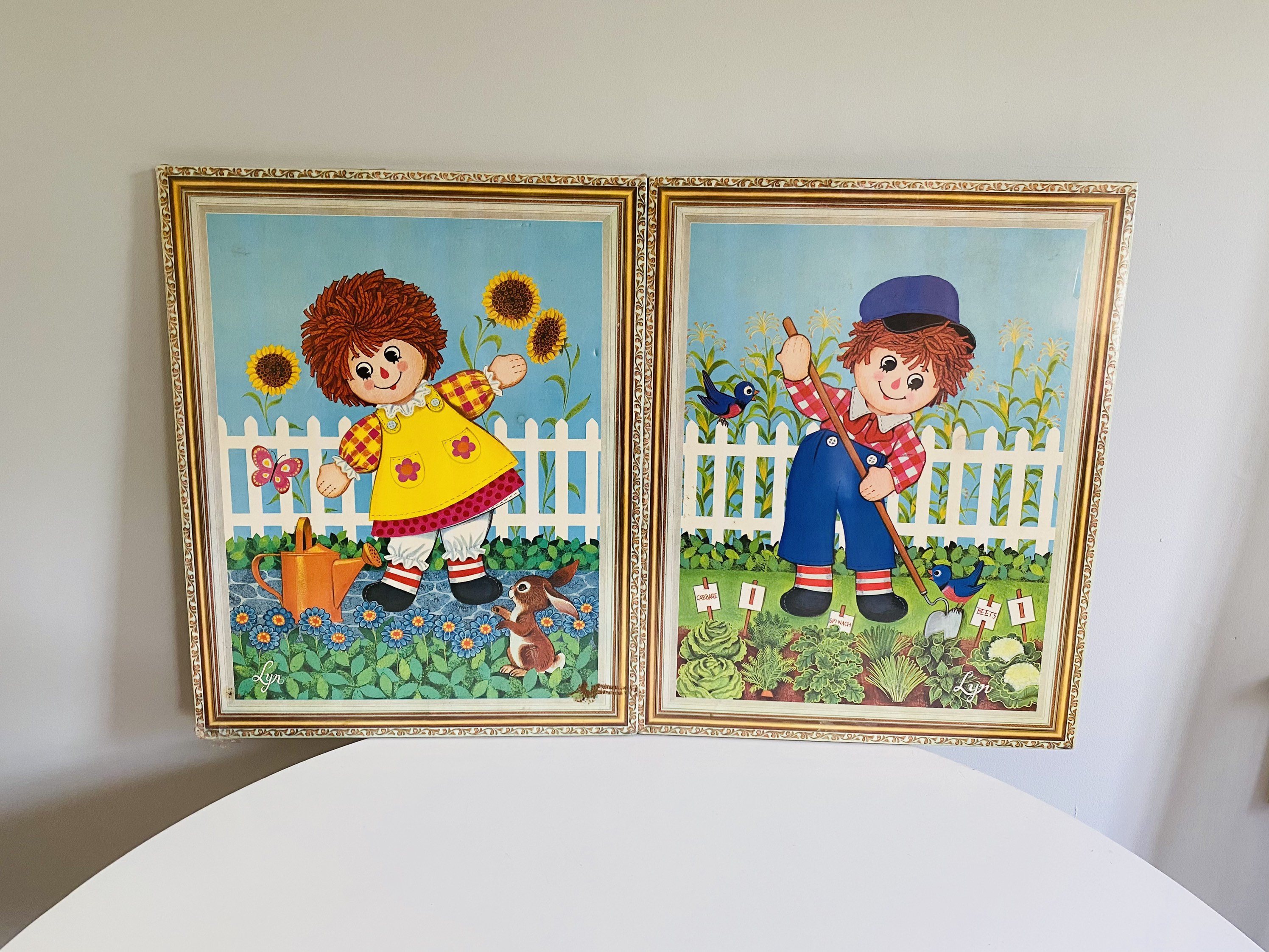 Vintage Raggedy Ann and Andy Gardening Wall Hanging Plaques, Set
