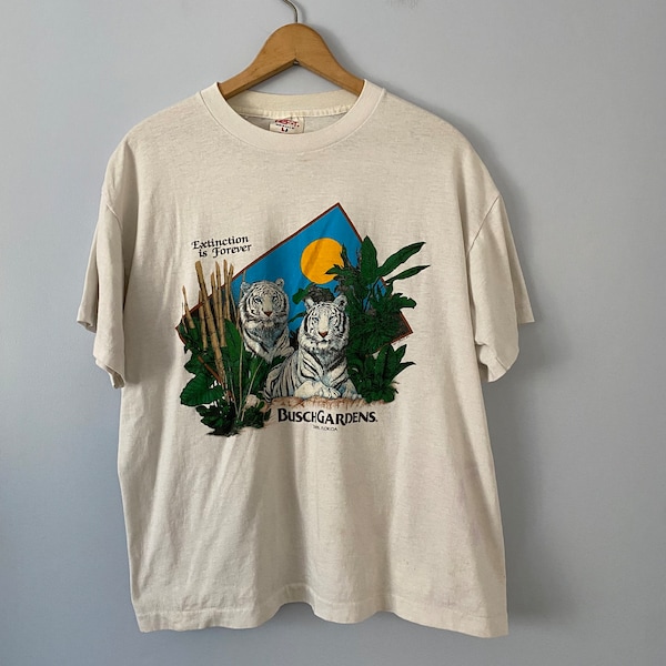 Vintage Busch Gardens White Tiger T-Shirt, Souvenir, 1987 Busch Gardens, Extinction is Forever, Tampa Florida Zoo, 80s Trashed Tee