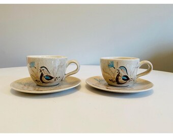 Vintage Red Wing Bob White Teacups and Saucers, Set of 2, 1950s Red Wing Pottery