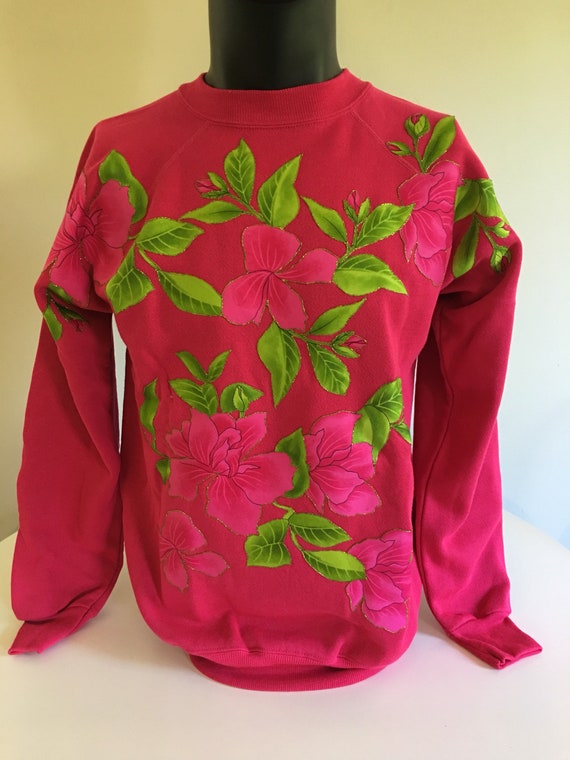 Vintage Flower Applique Raglan Sweatshirt, Pink S… - image 1