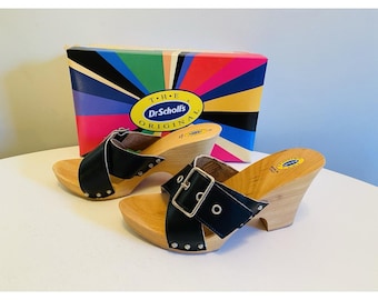 Dr Scholls Women Size 8 Wood High Heel Clog Sandal Black Leather New Italy