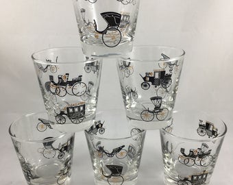 Vintage Libbey Curio Glasses, Set of 6, Black and Gold Glasses with Antique Car and Buggy Design, Vintage Juice Glasses, Retro Barware