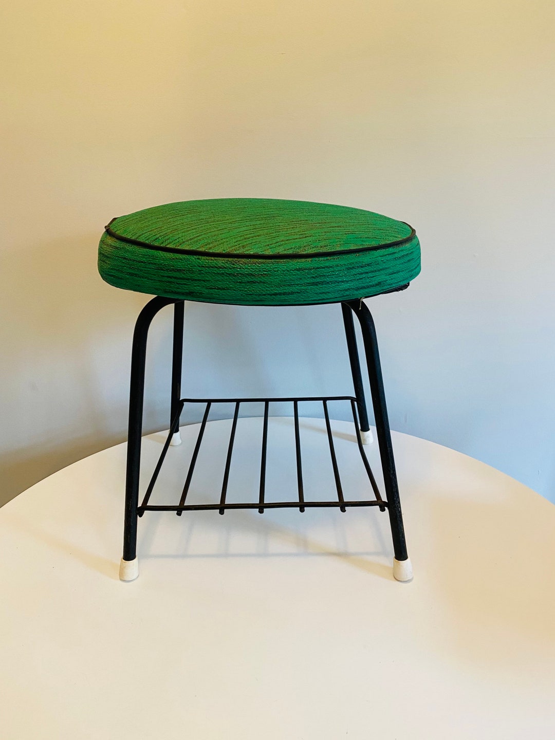 Vintage Swivel Ottoman With Magazine Rack, Vinyl Footstool With Shelf