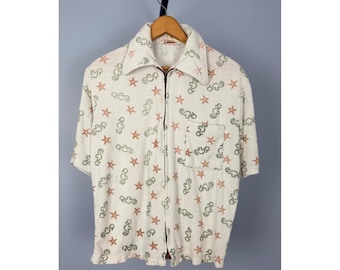 Camisa vintage Jantzen de felpa con cremallera, talla M, estampado de caballito de mar y estrella de mar.