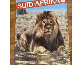 Vintage 1970s South Africa Satour Travel Poster Lion Suid Afrika 27.5x38.5, Lion Poster, South Africa Tourism Board, 70s Travel Poster