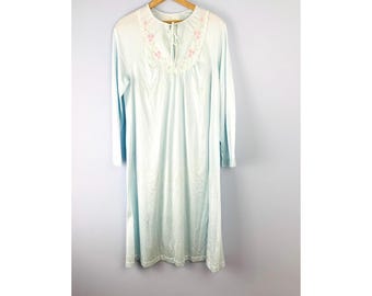 Vintage NWT Shadowline Nightgown with Embroidered Detail, Size Small, Light Blue, Long Sleeve, Lace Trim Nightgown, 1980s Night Dress