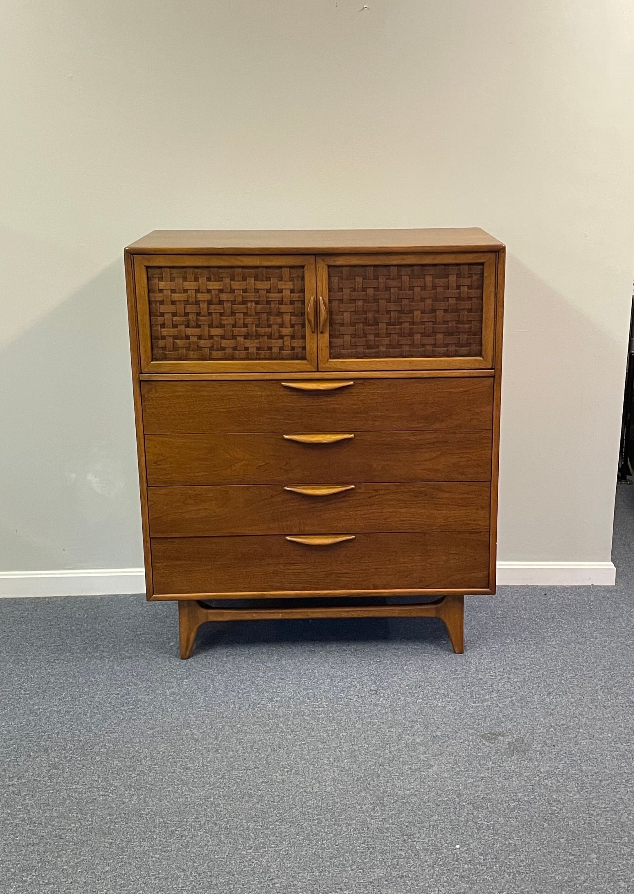 Vintage Mid Century Modern Lane Perception Highboy Dresser, Tall Walnut  Dresser Woven Basketweave Front, 1960s Gentlemen's Dresser by Lane 