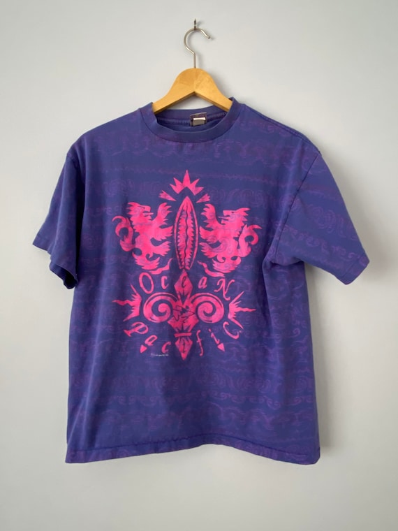 Vintage Ocean Pacific T-shirt, Surfer T-shirt, 1991 Ocean Pacific All-Over Print T-shirt, 1990s Fashion, Purple and Pink, Large, OP Tee