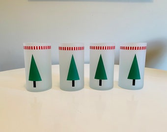 Vintage Towle Katja Colorforms Frosted Christmas Tree Glasses, Set of 4, Holiday Winter Scandinavian Glasses, Mid Century Barware