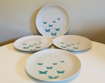 Vintage Jean Luce Blue Butterfly, Dinner Plates, Set of 4, Mid Century Modern Plates, Arzberg Germany, 10" Blue and Gold Dinner Plates