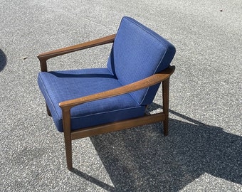 Vintage Mid Century Modern Dux Lounge Chair with Blue Fabric Cushions, Folke Ohlsson for DUX, Danish Modern Chair, Wood Frame Lounge Chair