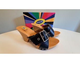 Dr Scholls Damen Größe 8 Holz High Heel Clog Sandale Schwarz Leder New Italy