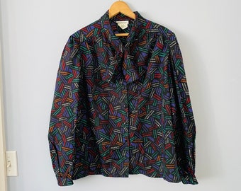 Vintage Novelty Print Polyester Tie Neck Blouse by Donnkenny, Size M/L, Women's Button-Down Blouse, 1980 Black Colorful Print, Made in USA