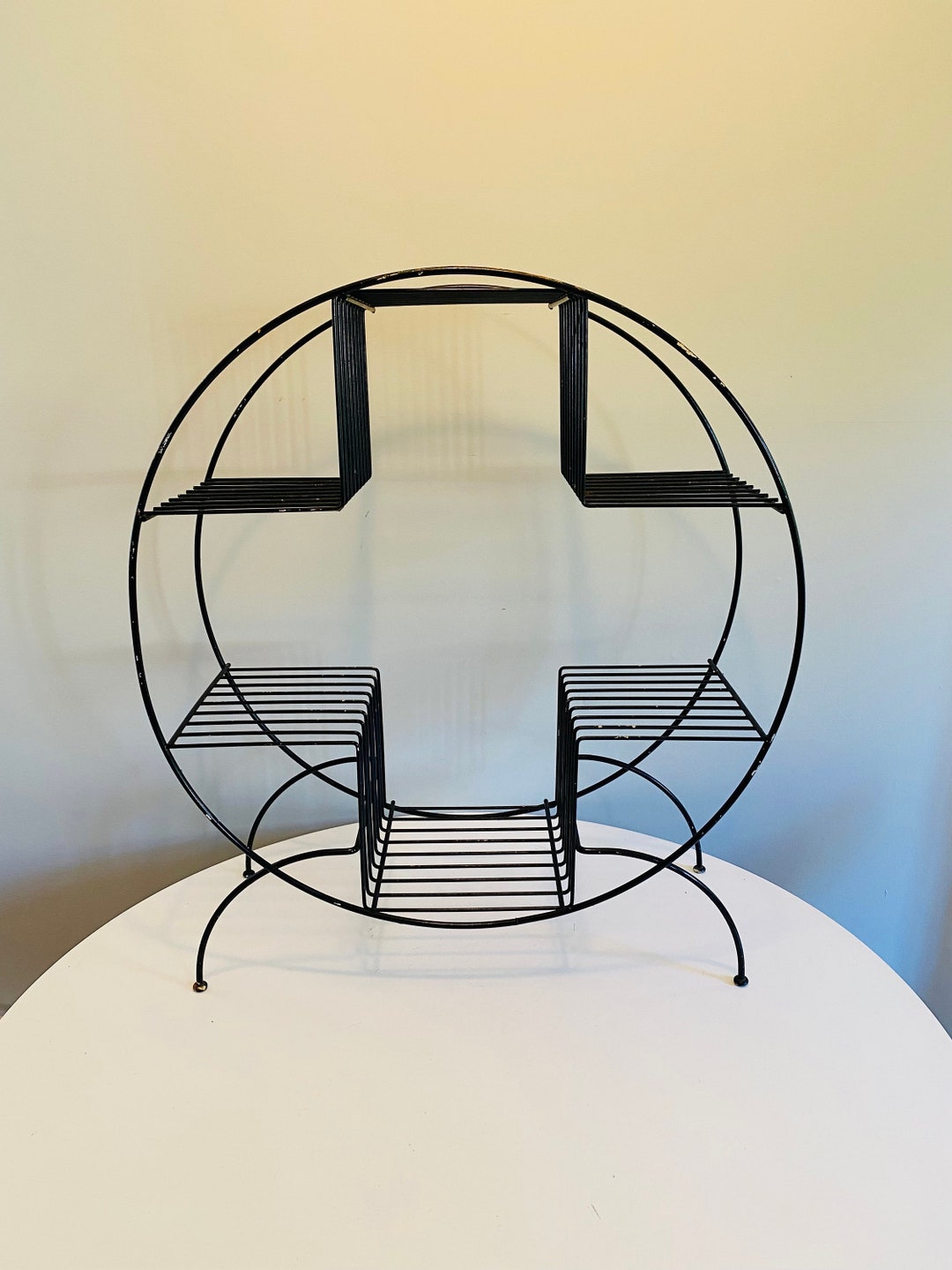 Mid Century Modern Round Plant Stand, Circular Black Wire Plant Stand