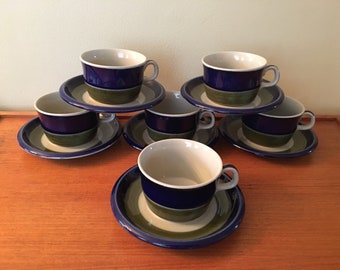 Vintage Rörstrand Sweden, Elisabeth, Set of Teacups and Saucers, Made in Sweden, Swedish Pottery, Scandinavian Design, Green and Blue Mugs