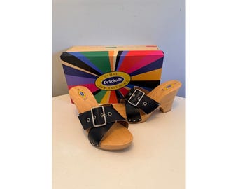 Dr Scholls Women Size 7 Wood High Heel Clog Sandal Black Leather New Italy
