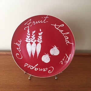Vintage Florence Thomas Enameled Metal Tray, Fruit Salad, Canape, Cake Plate, Red Metal Serving Tray, Mid Century Small Serving Plate