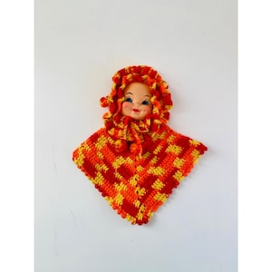 Vintage Hand Crocheted Doll Face Potholder, 1970s Kitschy Potholder Wall Hanging Mid Century Kitchen Decor