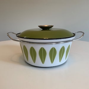 May include: A white enamel pot with a green lid and green leaf design. The pot has two metal handles.