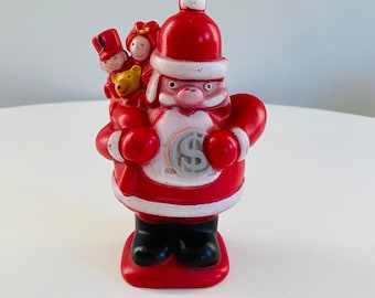 Vintage Santa Claus Rubber Coin Bank, 1970s Santa Claus Piggy Bank, Santa Holding Coin and a Bag of Coins, Vintage Christmas Savings Bank
