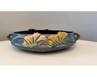 Roseville Pottery Blue Freesia Double-Handed Oval Console Bowl 10" Centerpiece