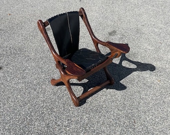 Vintage Don Shoemaker Leather Swinger Chair, Made in Mexico, 1970s Leather and Wood Lounge Chair, Mid Century Modern Lounge Chair