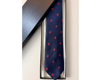 Vintage Navy Blue Tie With Red Apple Pattern By The Competitor Made In USA