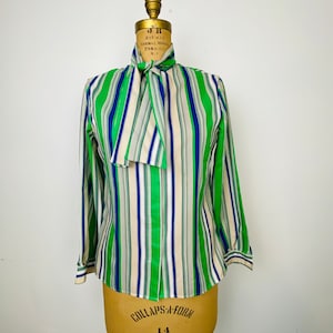 Vintage Striped Tie Neck Blouse by Personal, Women&#39;s Button-Down Blouse, 1970s Retro Blouse, Green, Blue and Tan Striped Secretary Blouse