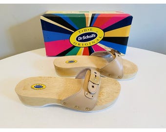 Dr Scholls Women Size 7 M Wood Exercise Clog Sandal Tan Leather Slide Shoe New