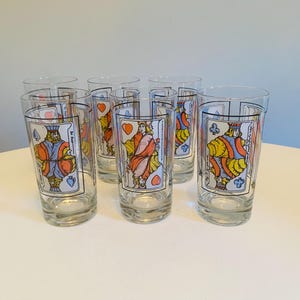 Vintage speelkaartbekers, set van 6, pokercocktailglazen, bargerei uit het midden van de eeuw, schoppenkoning, hartenkoningin, bargerei uit het midden van de eeuw