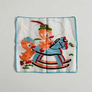 Vintage Child&#39;s Hankie from the 1940s, Ducks on a Rocking Horse, Whimsical Novelty Print Hankie Ducks